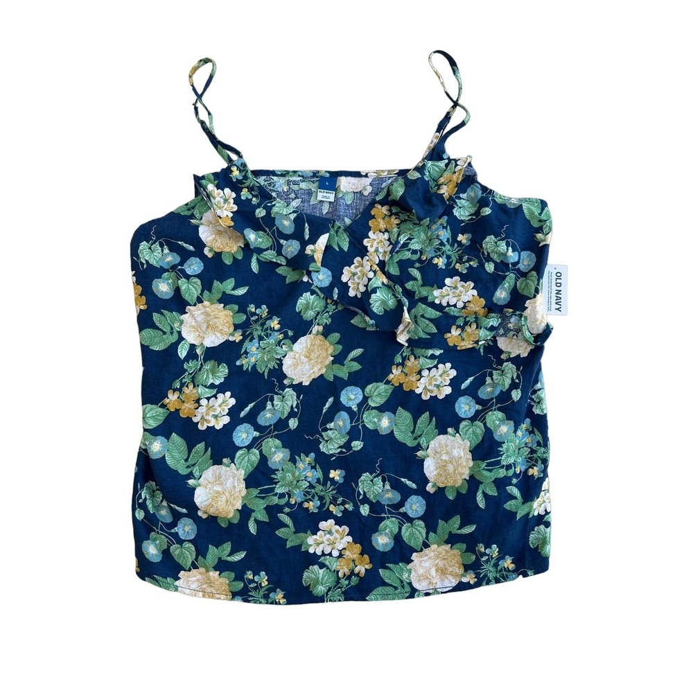 NWT Old Navy Floral Cami Tank Top Womens L Navy Blue Ruffle Cottagecore Boho